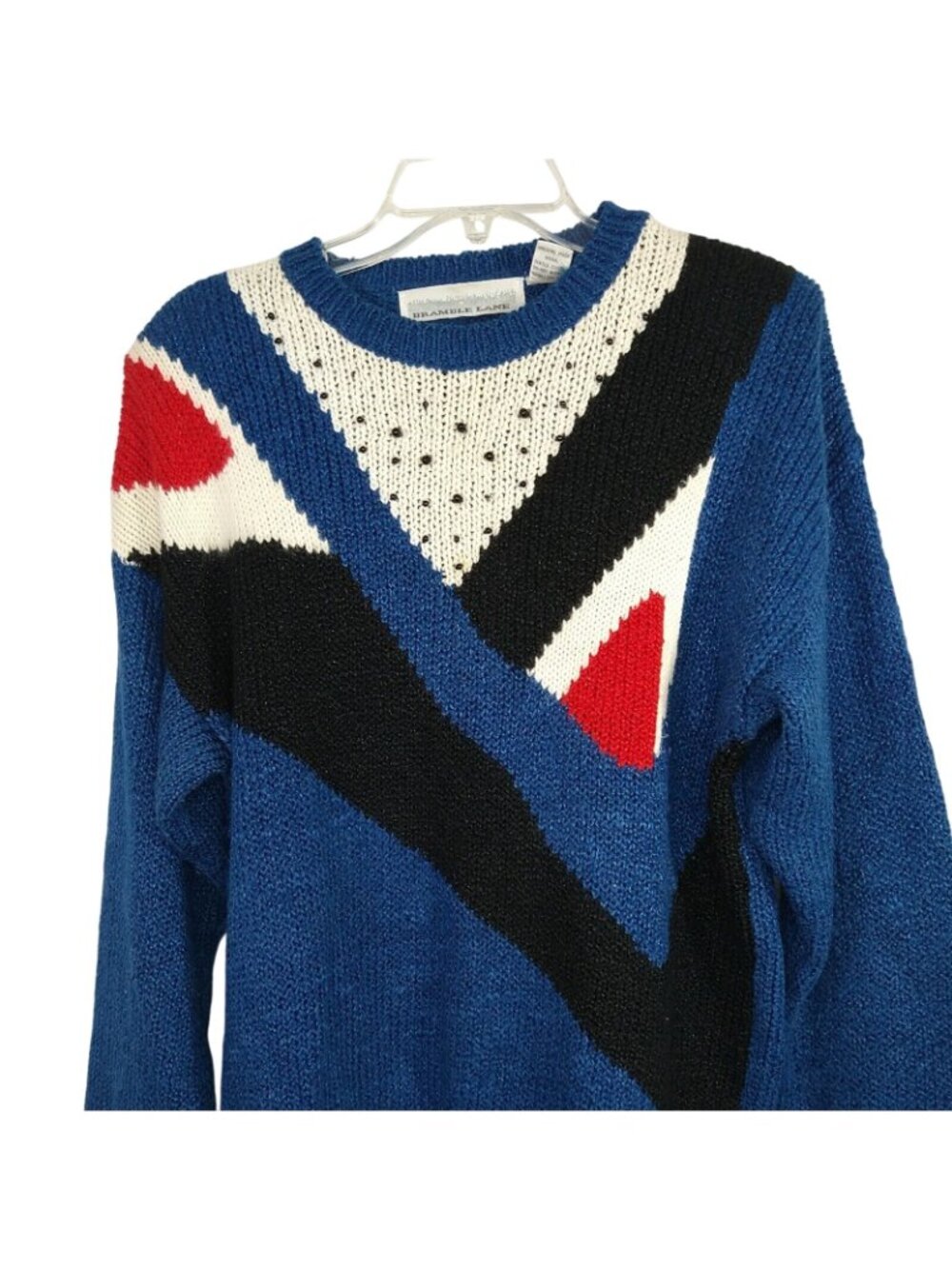 Vtg Bramble Lane Sweater Beaded Women Size L Blue Geometric Metallic Long Slv - Picture 2 of 8